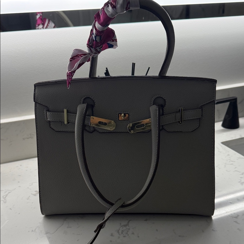 Chic Gray Satchel with Scarf Accent